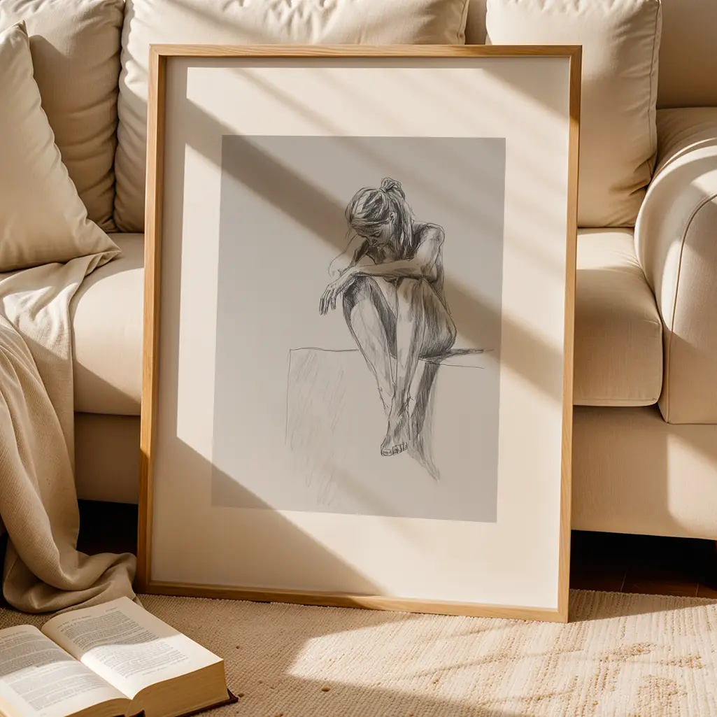 Framed sketch print of a pensive seated figure, leaning against a cream couch with an open book nearby.