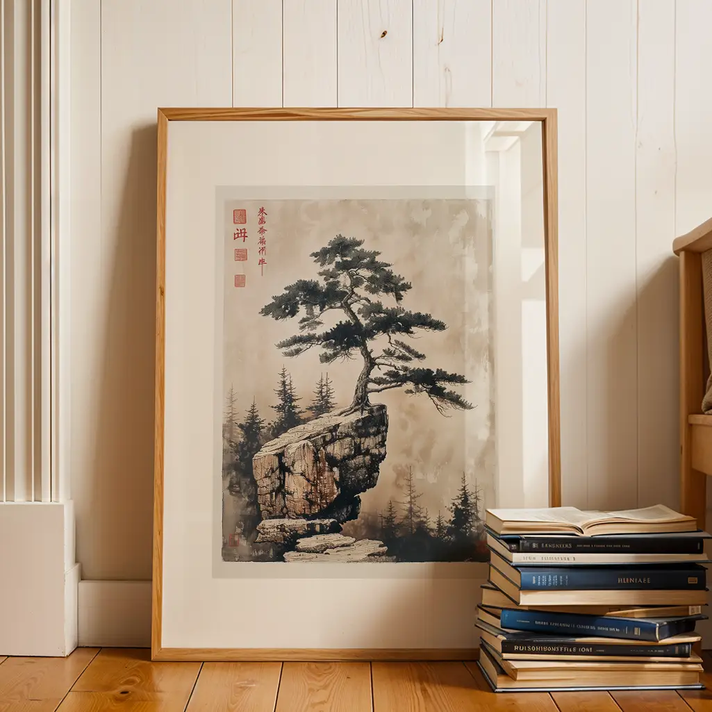 Framed Sumi-e print of a pine tree on a cliff leaning against a white wall next to a stack of books.